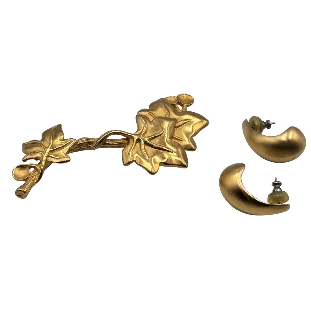 Vintage Gold Tone Ivy Leaf Branch Brooch and Crescent Hoop Earring Jewelry Set
